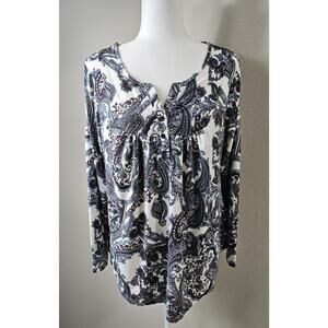 a.Jesdani Polyester Spandex Paisley Print V-Neck Button Blouse Long Sleeve Large